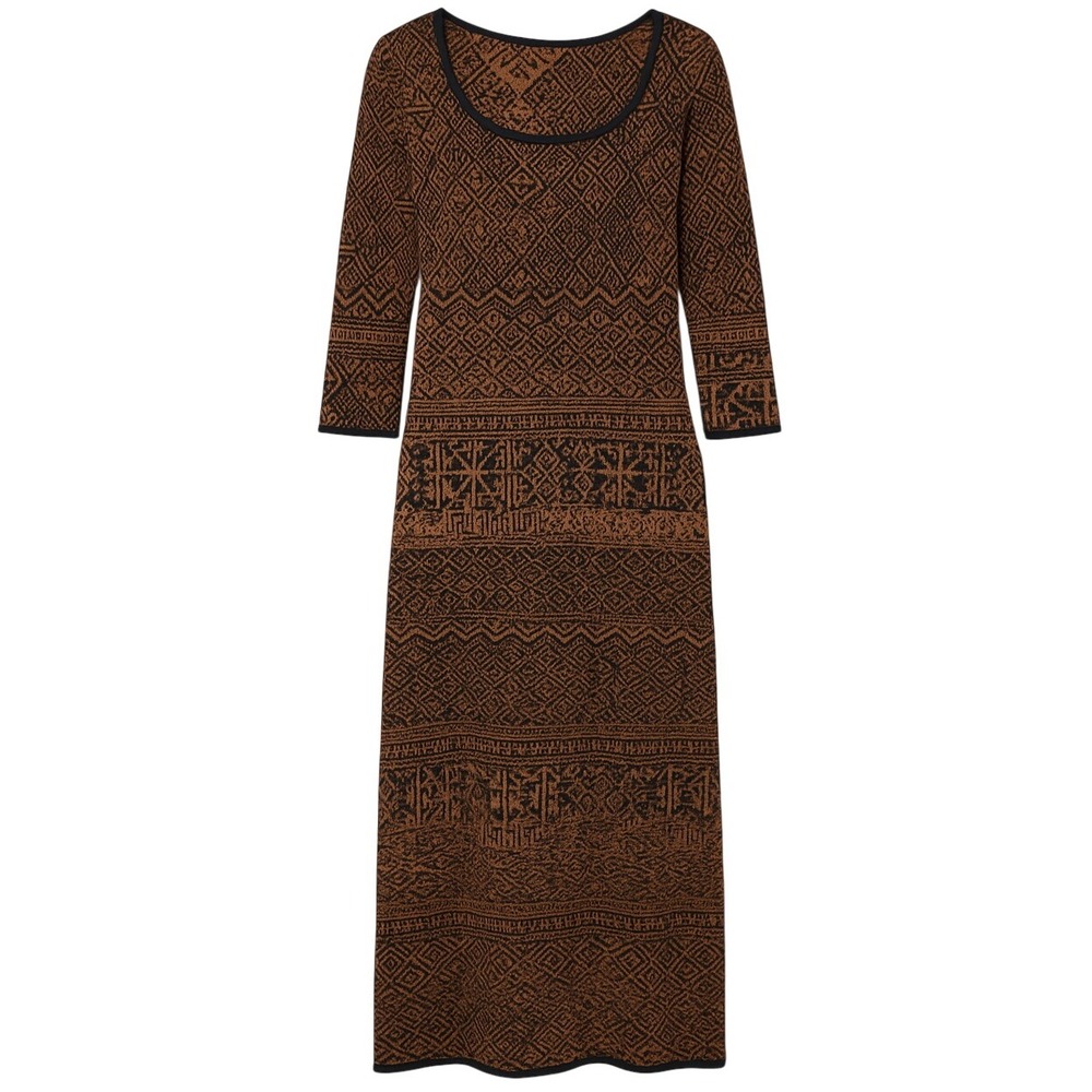 Peruvian Connection Pima Cotton Knit Midi Dress Women's XSP Brown Black Aztec